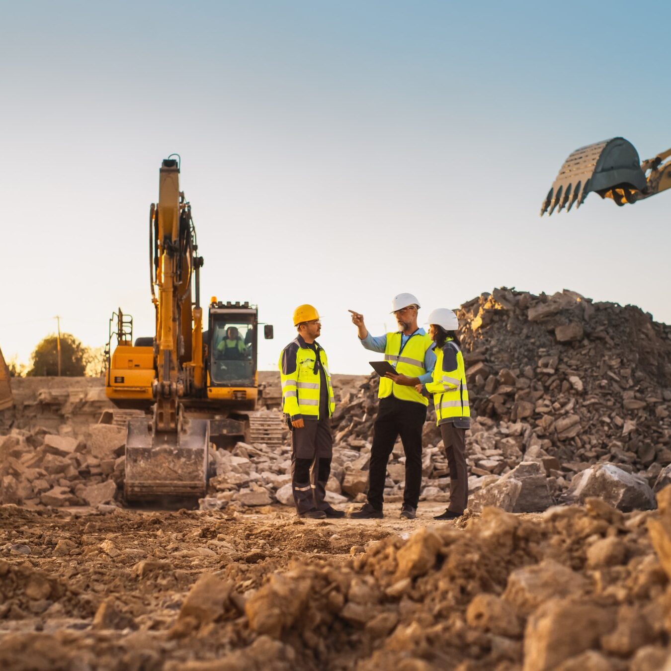 Construction,Site,With,Excavators,On,Sunny,Day:,Diverse,Team,Of